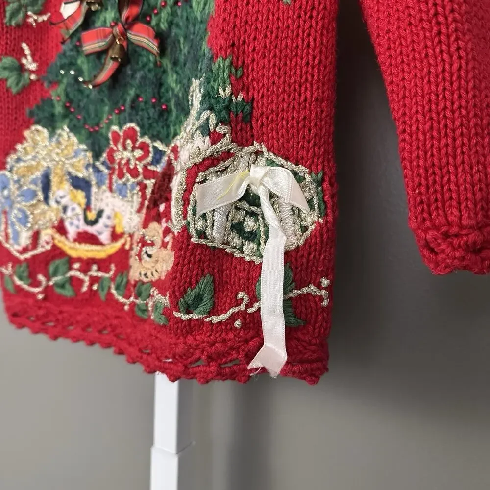 Vintage Tiara International Red Christmas Tree Sweater Girls Size 6X Embellished